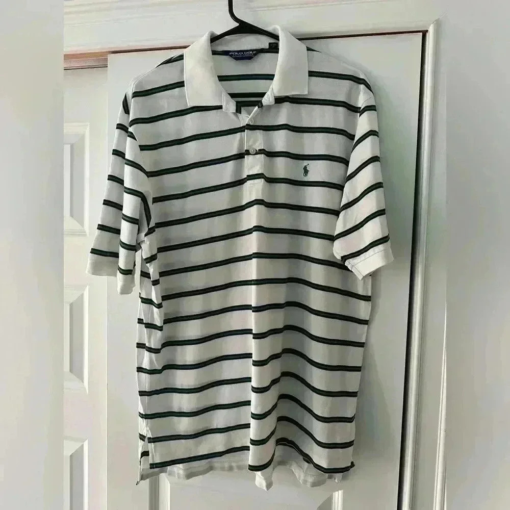 Ralph Lauren Polo Golf Shirt Mens Sz L 100% Pima Cotton Green Navy Stripe Casual